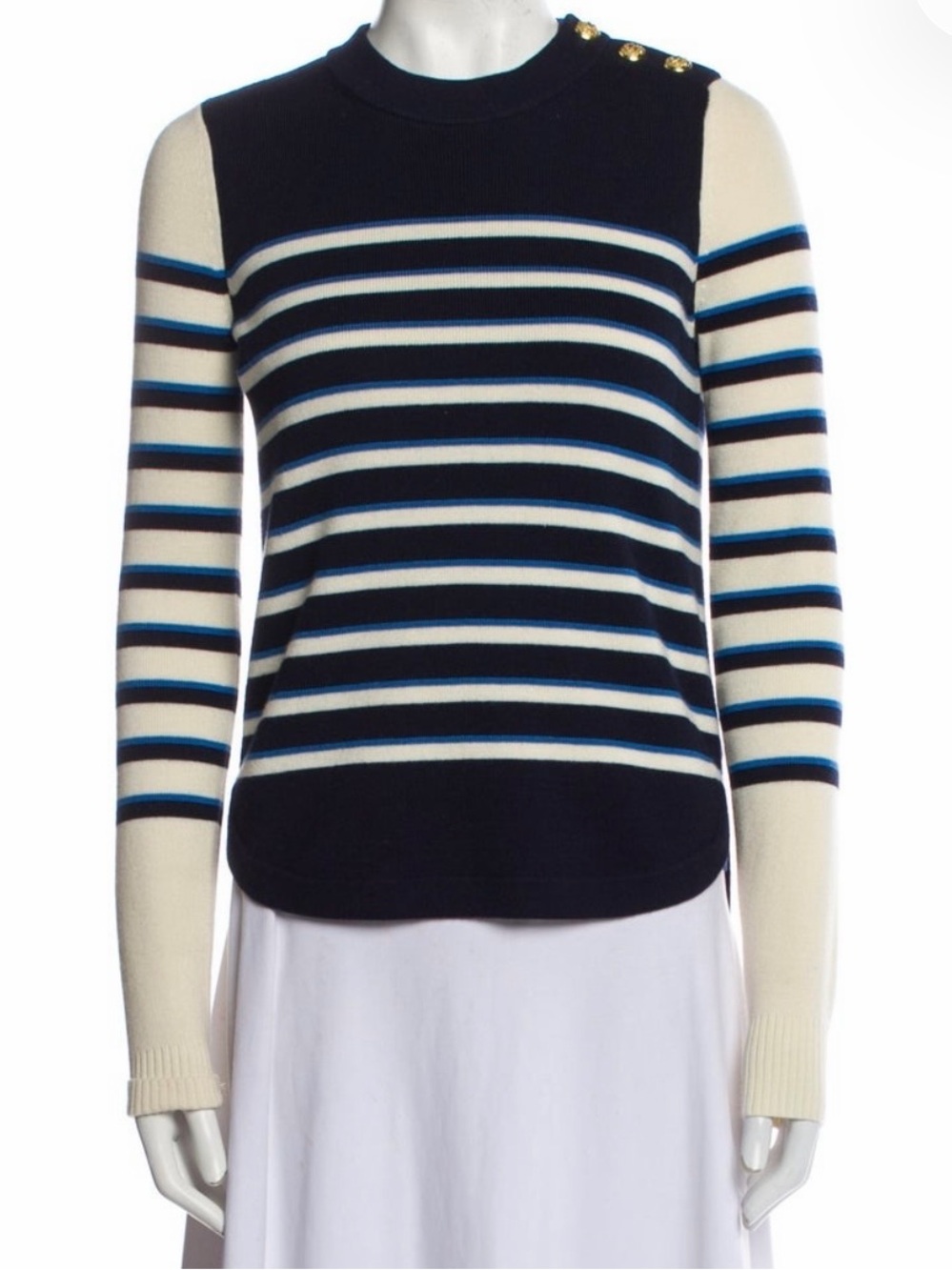 Veronica Beard Navy, Cream & Blue Striped Crewneck Sweater with Shoulder Buttons